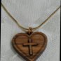 Double Layered Heart Cross Olive Wood Pendant Necklace With Gold Chain