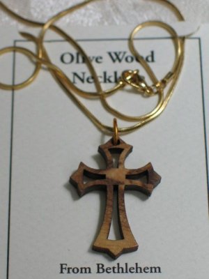 Olive Wood 'Eastern' Cross Pendant Necklace With Gold Chain