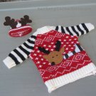 Doll Bear Reindeer Holiday Sweater w/ Beanie 2 pc Set Knitted Appliqué FREE Ship