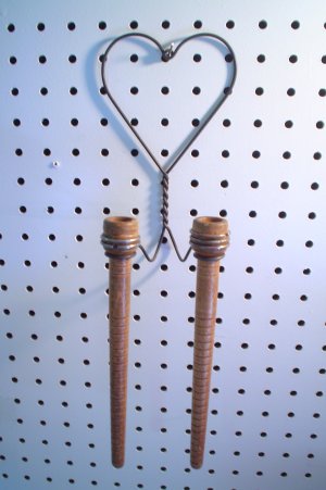METAL HEART & OLD THREAD SPOOLS PRIMITIVE CANDLE HOLDERS
