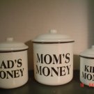 BLACK AND WHITE ENAMELWARE CANISTERS – Mom’s Money, Dad’s Money and Kids Money