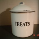 BLACK AND WHITE ENAMELWARE TREATS MUG WITH LID