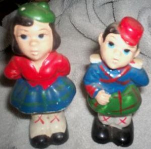 DUTCH KIDS CERAMIC SALT & PEPPER SHAKER SET WITH CORKS - OLD