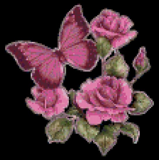 Pink Butterfly and Roses Cross Stitch Pattern