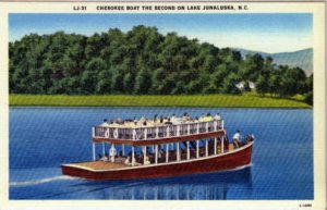 Linen Postcard. Cherokee Boat the Second on Lake Junaluska, N.C.