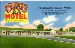 Linen Postcard. Pennsylvania Dutch Motel, U.S. Route 222...DENVER, PENNSYLVANIA
