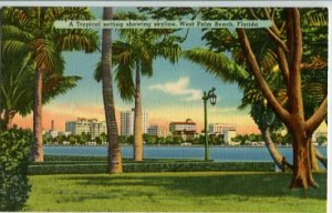 Linen Postcard. A Tropical setting showing skyline. West Palm Beach, Florida
