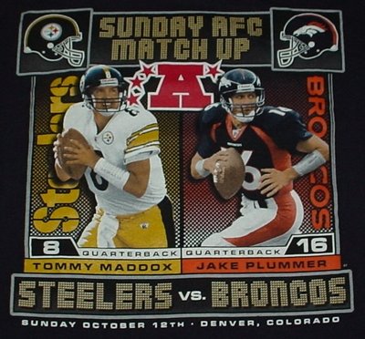 Broncos vs Steelers Football Jake Plummer/Tommy Maddox AFC 2003 Navy T-Shirt  Men's L Large