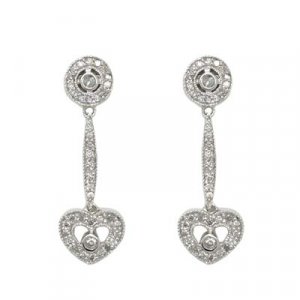 14K White Gold Diamond Circle and Heart Dangle Earrings