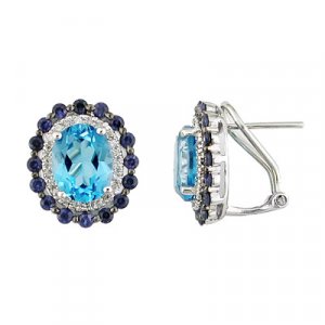 This 14K White Gold Blue Topaz Earring Accented With Diamonds and Sapphires