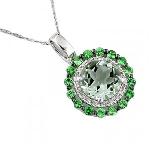 14K White Gold Green Amethyst Diamond and Green Garnet Necklace