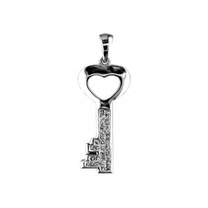 14K White Gold Diamond Key Pendant