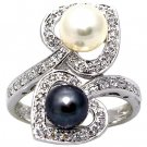 14K White Gold Diamond Ring With Black and White Cultured Pearls