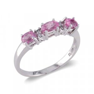 14K White Gold Three Stone Diamond and Pink Sapphire Ring