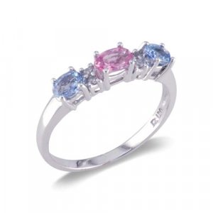14K White Gold Three Stone Diamond and Multi-Color Gemstone Ring