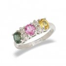 14K White Gold Three Stone Diamond and Multi Gemstone Ring