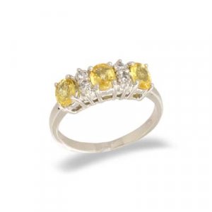 14K White Gold Three Stone Yellow Sapphire and Diamond Ring