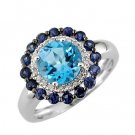 14K White Gold Blue Topaz Diamond and Sapphire Ring