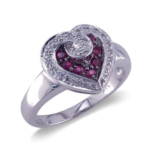 14K White Gold Heart Shaped Diamond and Ruby Ring