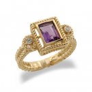 14K Yellow Gold Emerald Cut Amethyst and Diamond Ring