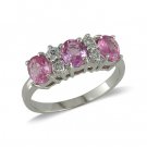 14K Gold Three Stone Pink Sapphire and Diamond Ring