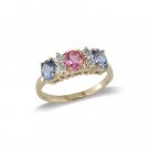 14K Gold Three Stone Pink Sapphire and Tanzanite and Diamond Ring