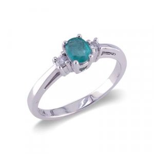14K Gold Three Stone Diamond and Emerald Ring