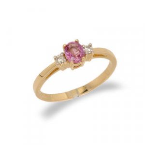 14K Yellow Gold Three Stone Diamond and Pink Sapphire Ring