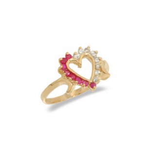 14K Gold Diamond and Ruby Heart Shaped Ring