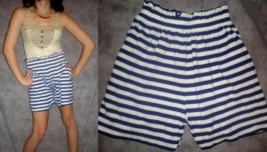Vintage Blue & White Striped High-waist Shorts with Gathered Waist