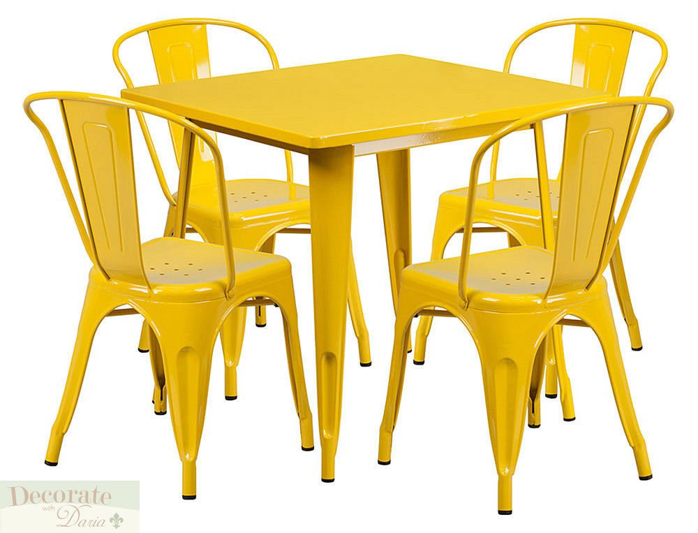 Bistro Table Set 4 Chairs Yellow Stackable Metal Indoor Outdoor Retro Style New 0231