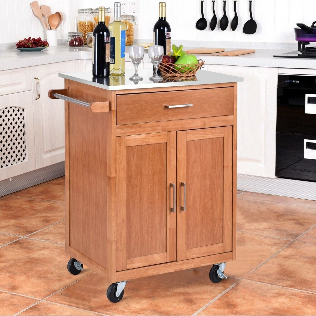 Wooden Kitchen Rolling Storage with Stainless Steel Top