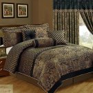 KING COMFORTER CURTAIN SET 11 Pc Gold Black Royal Lisbon Jacquard Floral New