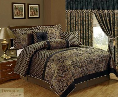 KING COMFORTER CURTAIN SET 11 Pc Gold Black Royal Lisbon Jacquard Floral New