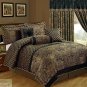 KING COMFORTER CURTAIN SET 11 Pc Gold Black Royal Lisbon Jacquard Floral New