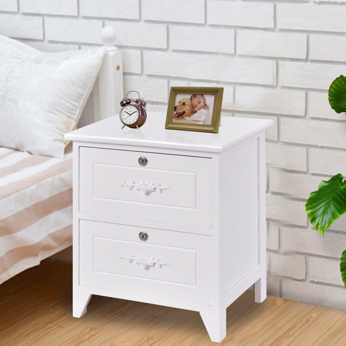 Solid Wood Elegant Storage Nightstand with 2 Locking Drawers