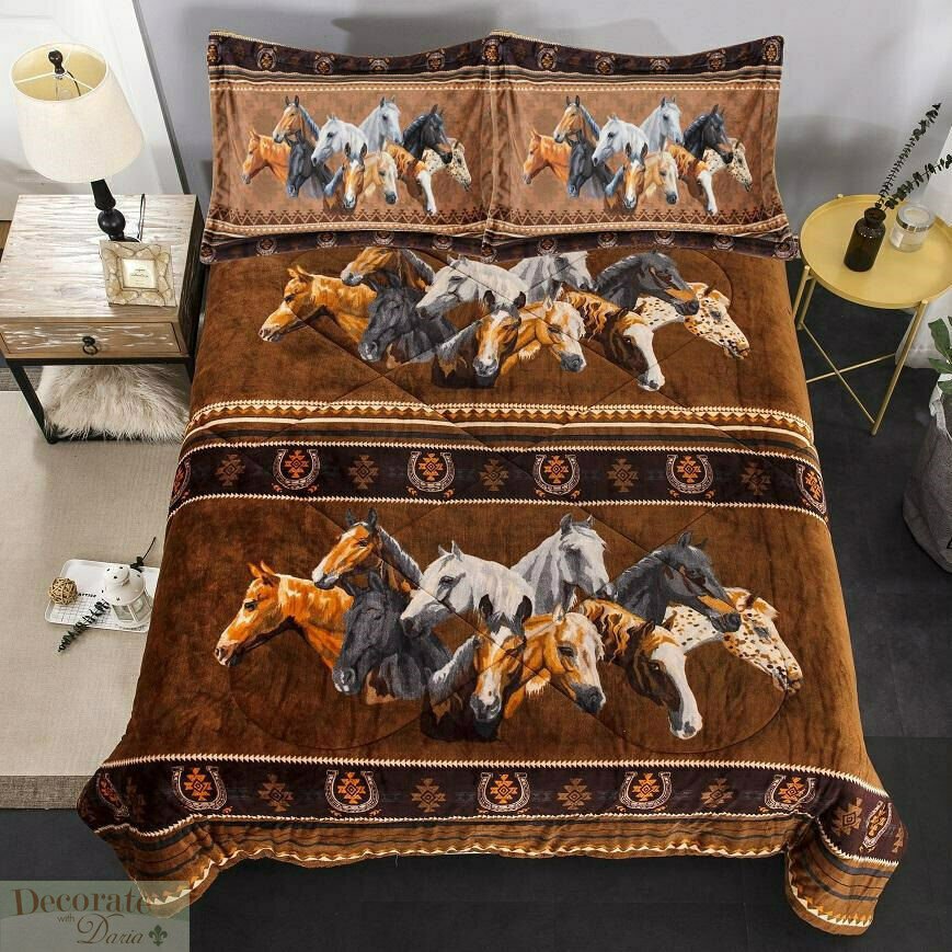 QUEEN Blanket 3PC Set Sherpa Borrego Fleece Rustic Western Horses