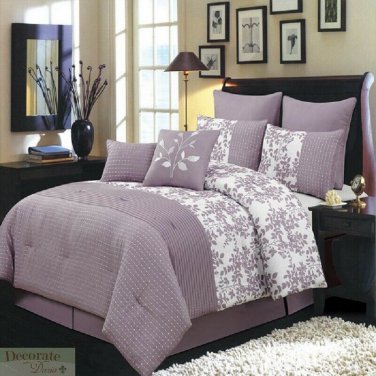 FULL COMFORTER 8 Pc SET Light Purple White Skirt 4 Shams 2 Pillows Polyester New
