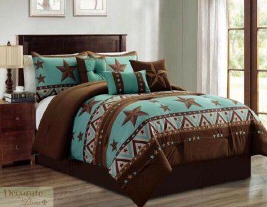 KING COMFORTER 7Pc SET Turquoise Rustic Brown Western Stars Microfiber Sham New