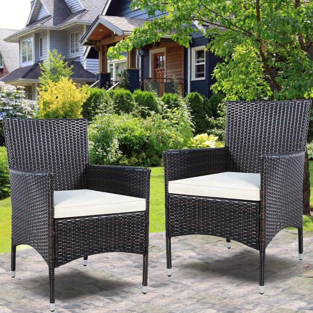 Set of 2 Rattan Patio Cushioned Chairs