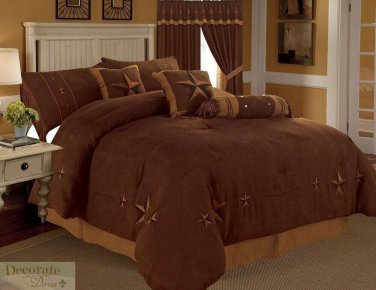 KING COMFORTER 7 Pc SET Rustic Brown Western Gold Texas Star Microfiber Sham New