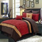 QUEEN COMFORTER 8Pc SET Red Chocolate Gold Block Pattern Skirt Shams Pillows New
