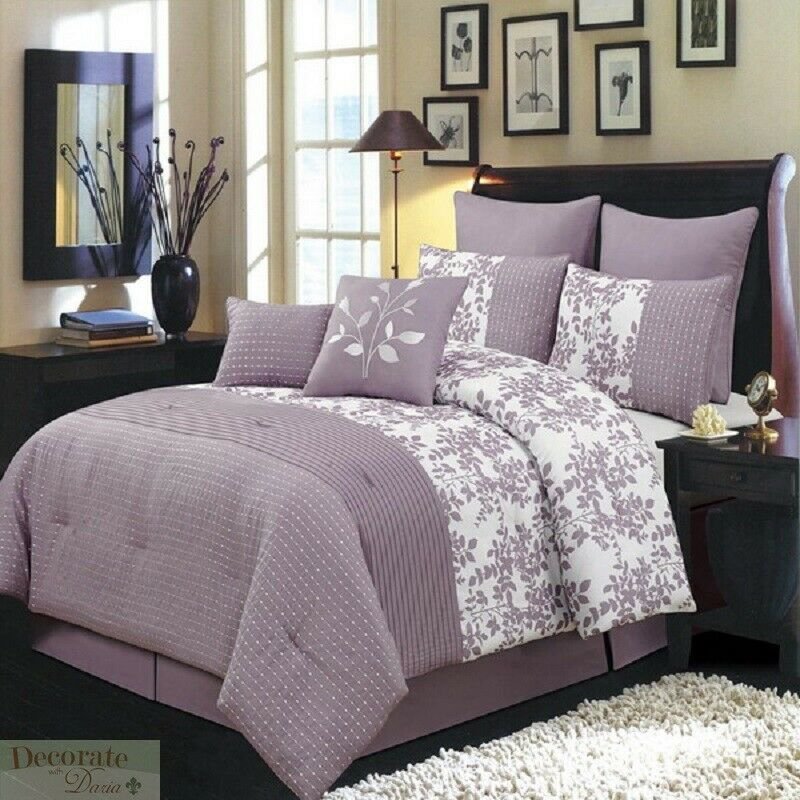 CAL KING COMFORTER 8 Pc SET Light Purple White Bed Skirt 4 Shams 2