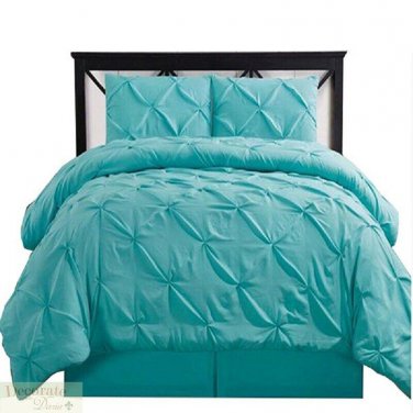 KING COMFORTER 4 Pc SET Aqua Blue Oxford Double Needle Pleated Skirt 2 Shams New