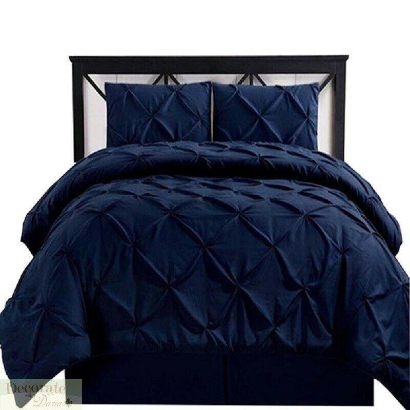 CAL KING COMFORTER 4Pc SET Navy Blue Oxford Double Needle Pleated Skirt
