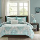 FULL/QUEEN COMFORTER 5 Pc SET Blue White Grey Damask Pattern Polyester Shams New