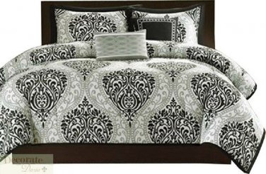 TWIN XL COMFORTER 4Pc SET Black White Gray Damask Medallion Design Polyester New