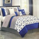 QUEEN COMFORTER 7Pc SET Modern Gray Floral Blue Microfiber Skirt Sham Pillow New