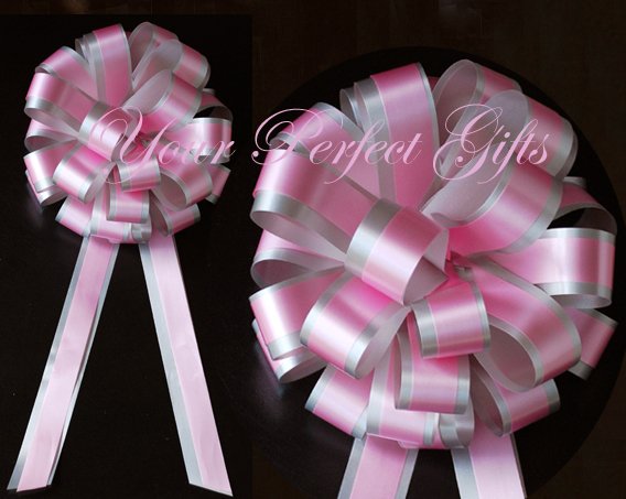 10 BABY PINK SILVER 8" TWO LAYER WEDDING PULL PEW BOWS FOR BRIDAL CAKE GIFT BASKET DECORCATION