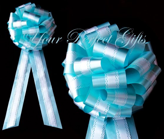 10 WHITE TEAL BLUE TWO LAYER 9" EXTRA WIDE WEDDING LACE PULL PEW BOW BRIDAL CAKE GIFT DECORCATION